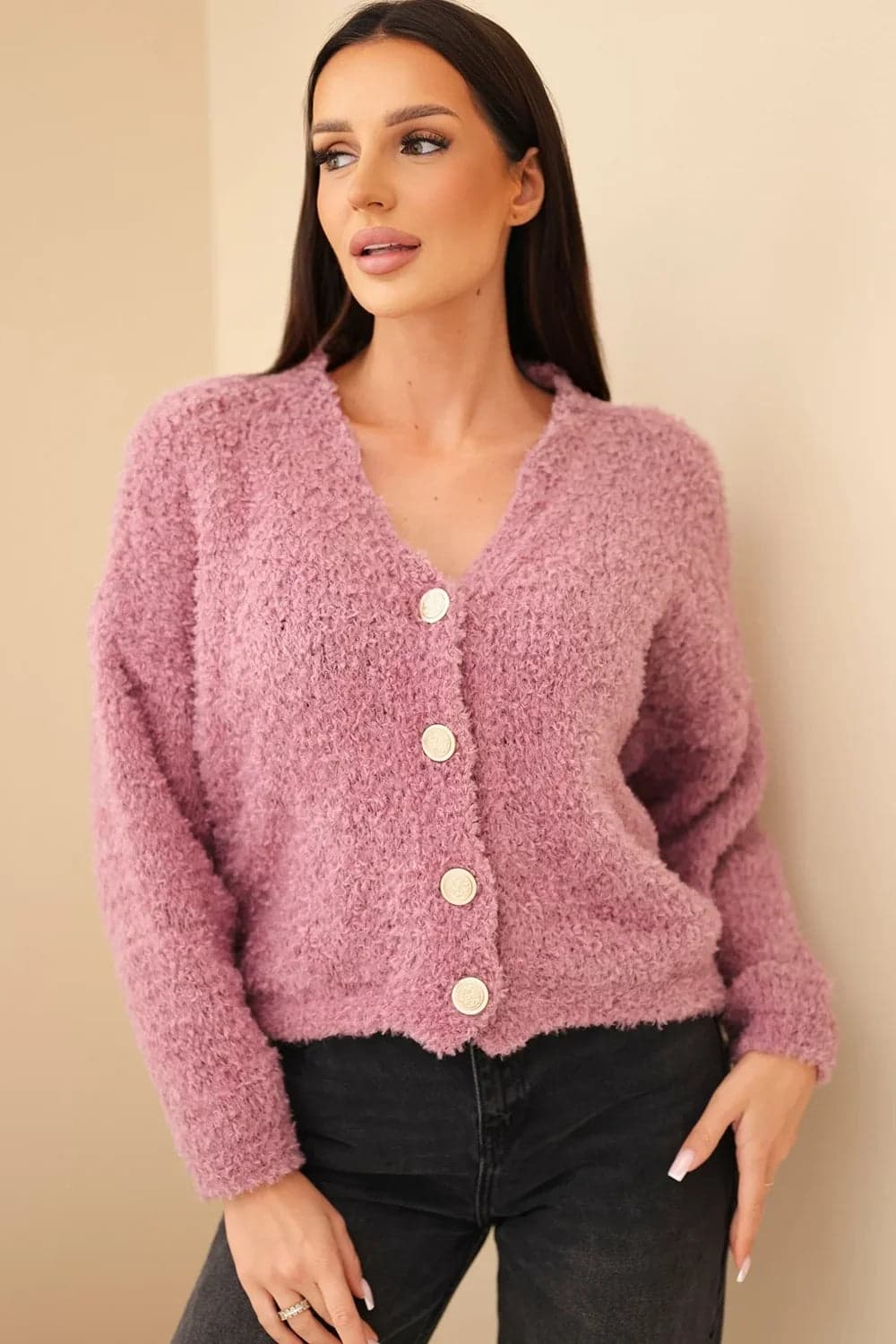 Sweter damski moherowy z ozdobnymi guzikami Menton, kolor Ciemny różowy