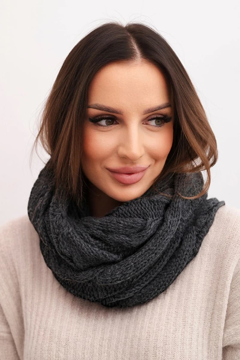 Komin damski pleciony miękki i ciepły z wełną Chignon, kolor Grafitowy