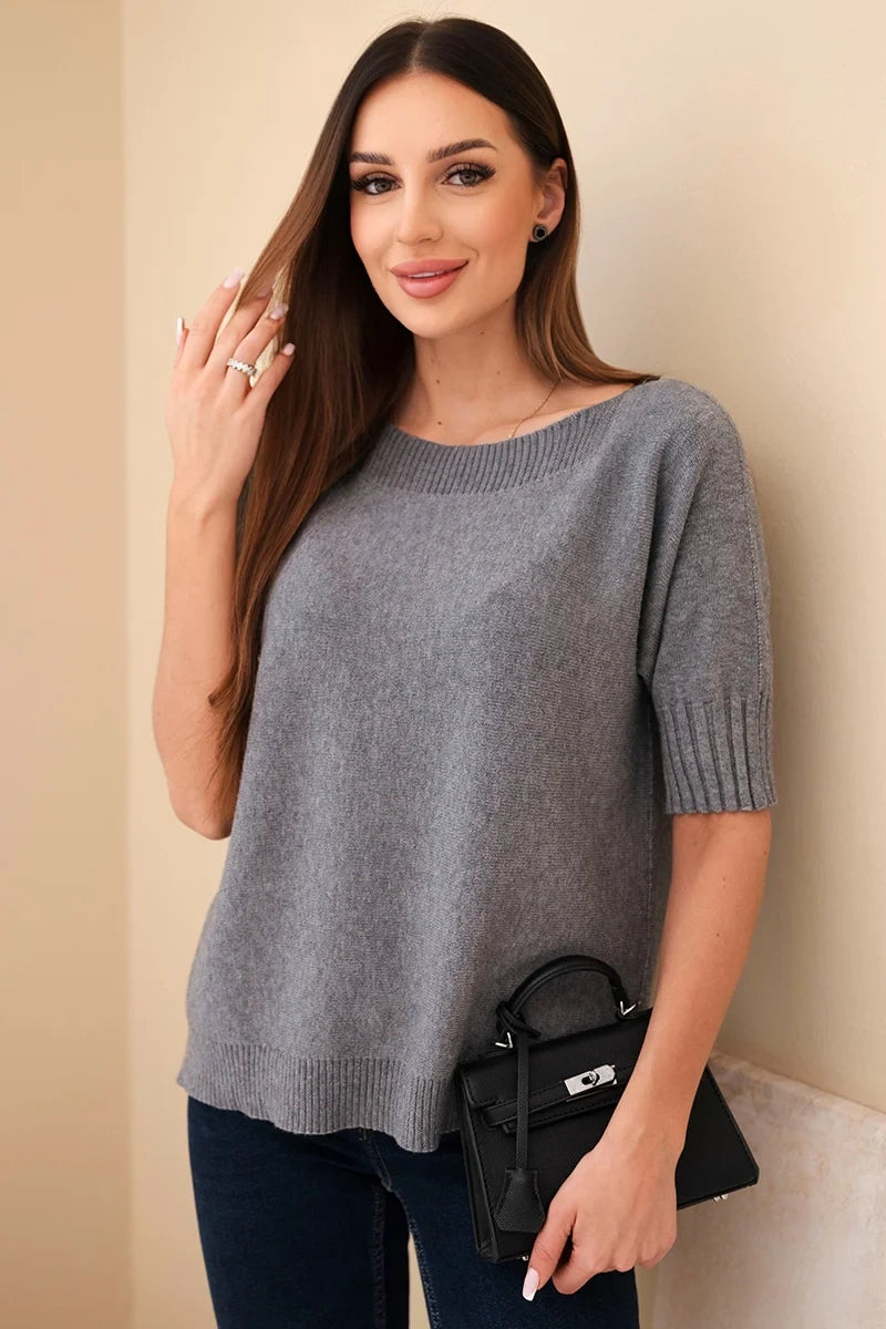damskie krótkie rękawy wiskozowy sweter camelowy