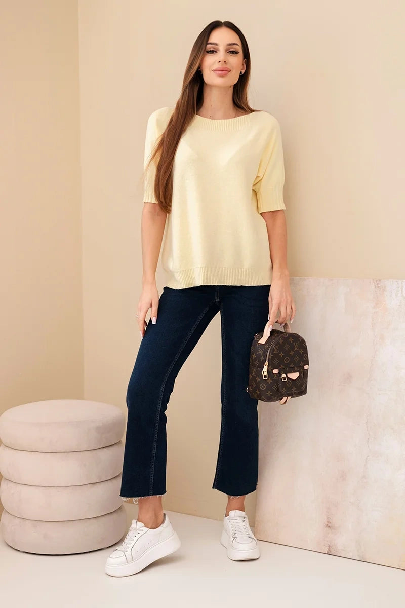 damskie sweter wiskoza krótki rękaw kolor camel miękki materiał