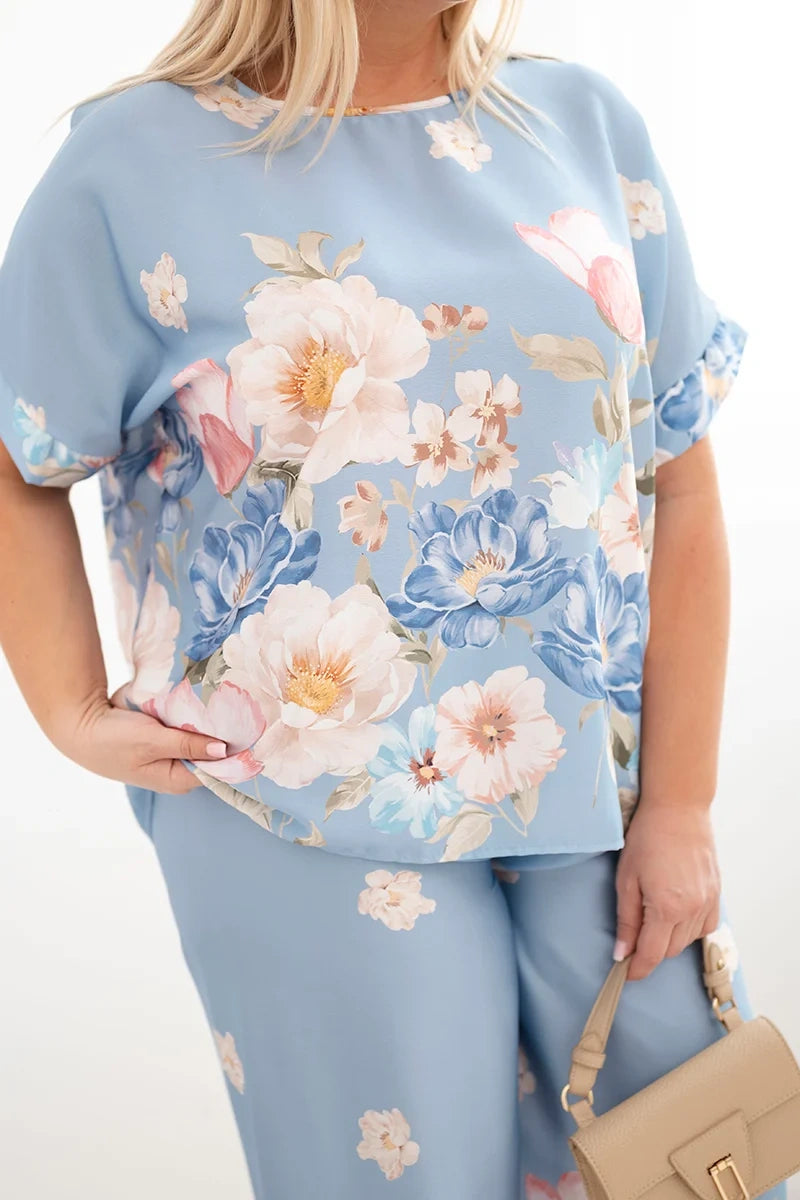 Komplet damski plus size z bluzką i spodniami w kwiaty z szeroką nogawką Dalia
