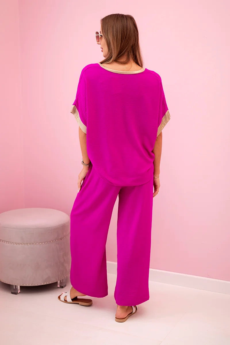 damskie piżama z wiskozy w pudrowym różu ze złotymi obszyciami