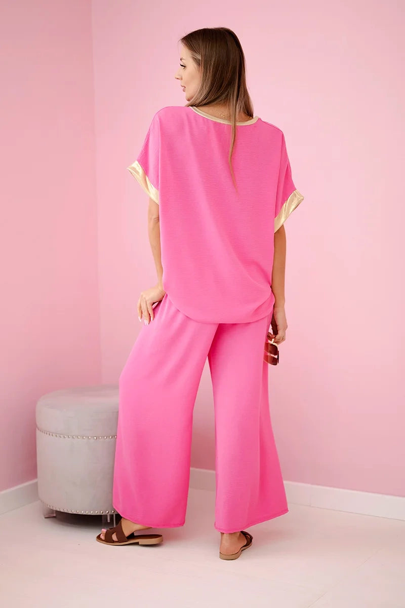 damskie ubrania komplet wiskozy w ciemnym pudrowym różu ze złotym obszyciem