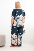 Komplet damski plus size z bluzką i spodniami w kwiaty z szeroką nogawką Dalia