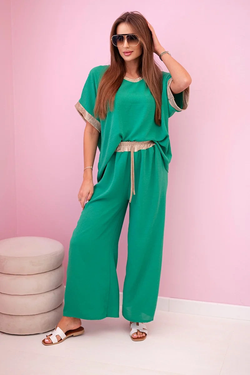 damskie ubrania z wiskozy pudrowy róż złote obszycie kompletu