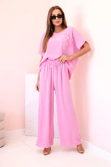 damskie ubranie z wiskozy różowe kwiat szeroki spodnie komplet