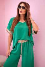 damskie ubrania z wiskozy ciemny pudrowy róż ze złotym obszyciem komplet