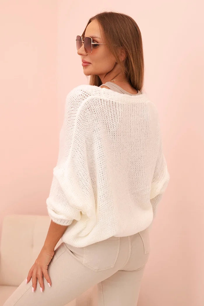 damskie brązowy sweter dekoltem v guziki uniwersalny elegancki