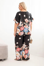 Komplet damski plus size z bluzką i spodniami w kwiaty z szeroką nogawką Dalia