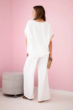 damskie spodnie i bluzka z wiskozy w ciemnym pudrowym różu ze złotym obszyciem