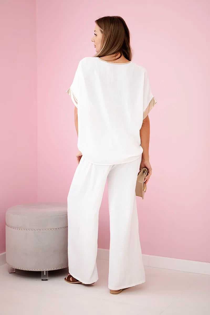 damskie spodnie i bluzka z wiskozy w ciemnym pudrowym różu ze złotym obszyciem