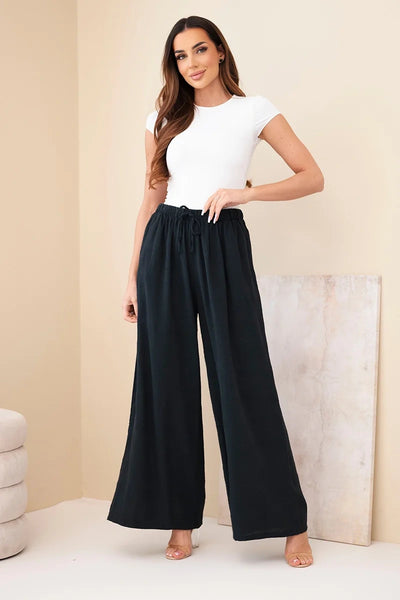 Czarne spodnie damskie szerokie palazzo z elastycznym pasem i wiązaniem