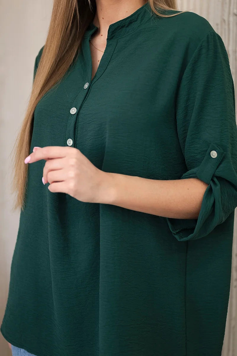 Dámská polyesterová halenka s prodlouženým zadním dílem a dekoltem na knoflíky Avorio