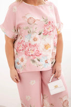 Komplet damski plus size z bluzką i spodniami w kwiaty z szeroką nogawką Dalia