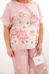 Komplet damski plus size z bluzką i spodniami w kwiaty z szeroką nogawką Dalia