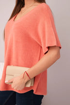 damskie swetrowe bluzka krótki rękaw dekolt serek chabrowa