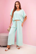 damskie spodnie i top z wiskozy w ciemnym pudrowym różu ze złotym obszyciem