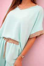 damskie komplety z wiskozy w ciemnym pudrowym różu ze złotym obszyciem