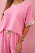 damskie ubrania z wiskozy z золотым wykończeniem w kolorze ciemnego pudrowego różu