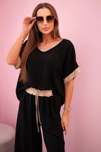 damskie piżama z wiskozy w pudrowym różu ze złotym obszyciem