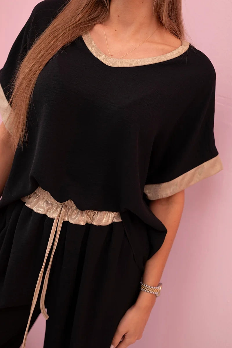 damskie pętkaty komplet z wiskozy w ciemnym pudrowym różu ze złotym obszyciem