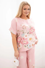 Komplet damski plus size z bluzką i spodniami w kwiaty z szeroką nogawką Dalia