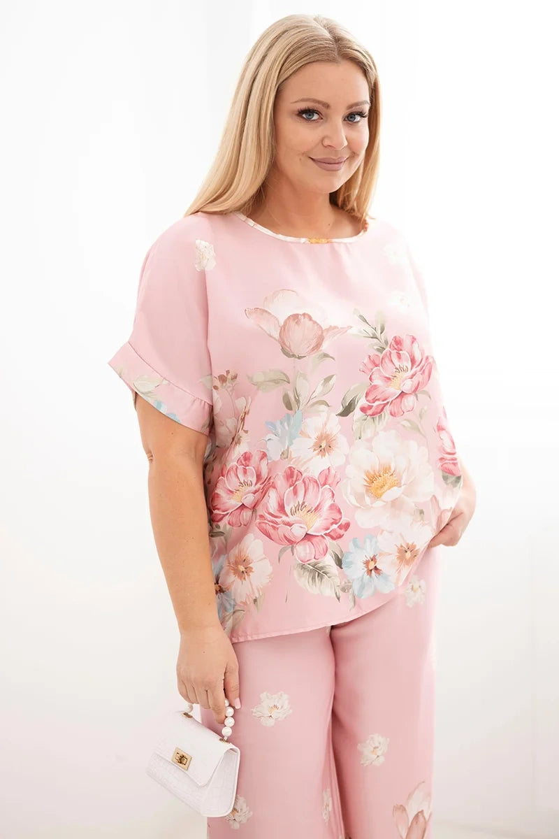 Komplet damski plus size z bluzką i spodniami w kwiaty z szeroką nogawką Dalia