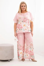 Komplet damski plus size z bluzką i spodniami w kwiaty z szeroką nogawką Dalia